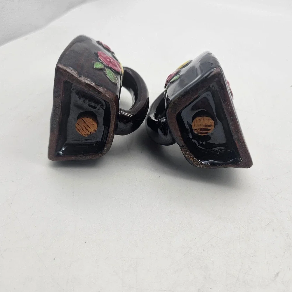 Vintage Black Ceramic Iron Salt & Pepper Shakers Floral Roses Small Set Of 2